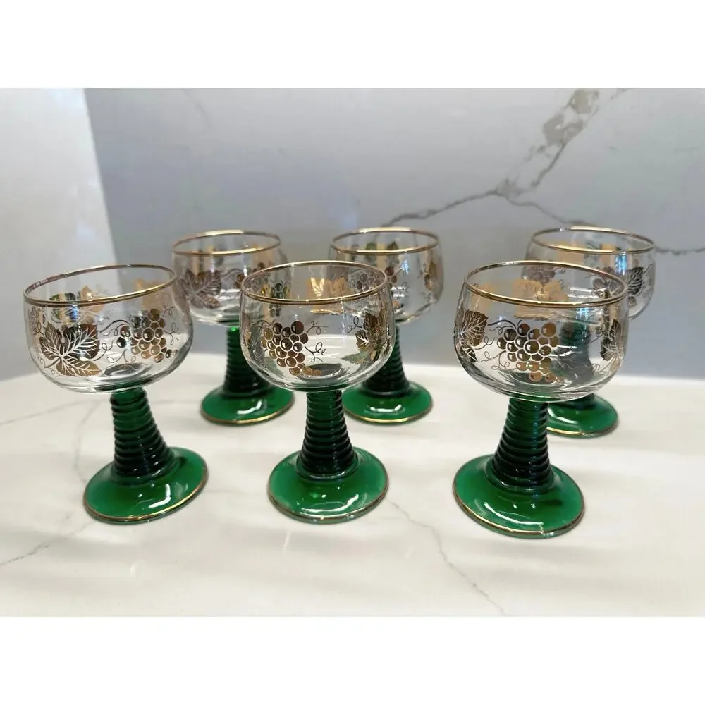Set 6 Roemer Bockling Green Stem Trim Wine Glasses Wrought Iron Rack Germany